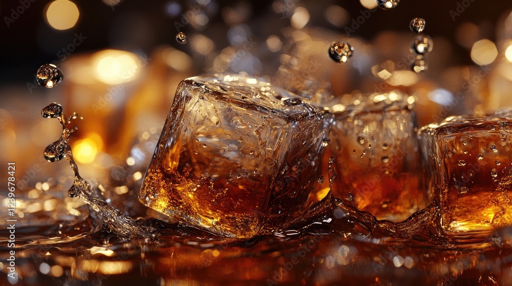 Detailed close-up of textured ice cubes surrounded by whiskey splashes and water droplets, set under warm studio lighting for an elegant, high-end visual. Detailed close-up of textured ice cubes surrounded by whiskey splashes and water droplets, set under warm studio lighting for an elegant, high-end visual.