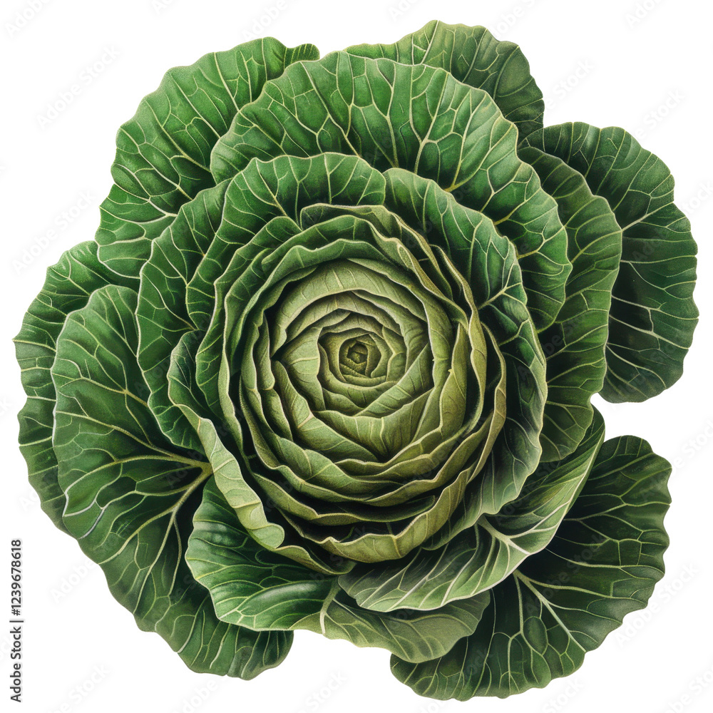 Fototapeta premium Fresh green cabbage with intricate leaf patterns and spiral shape, showcasing its natural beauty and vibrant color. Perfect for culinary or gardening themes