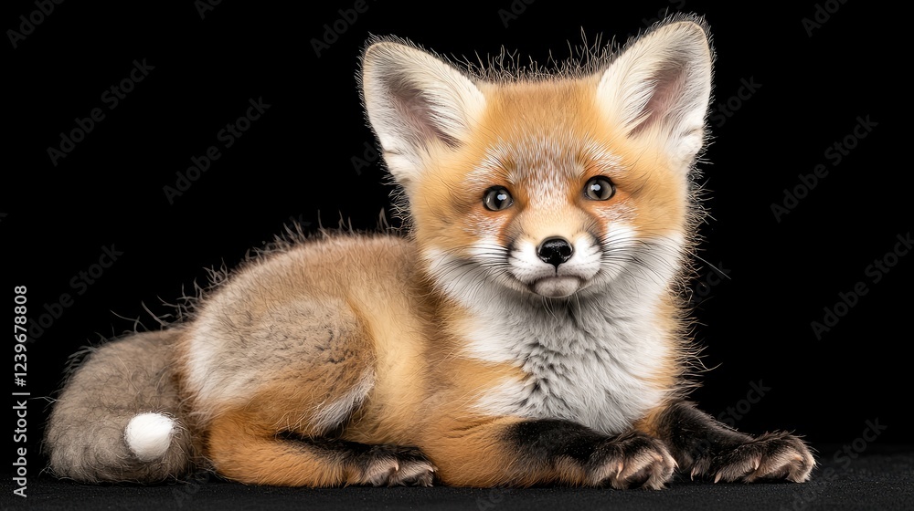 Red fox kit portrait, dark background, wildlife Red fox kit portrait, dark background, wildlife