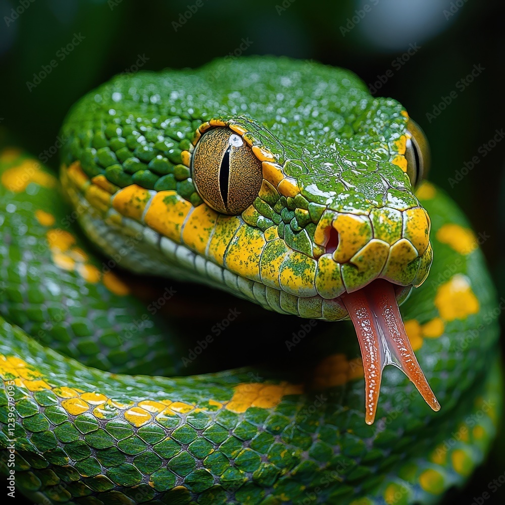 Fototapeta premium Green Snake with Yellow Stripes Coiled Up, Sticking Out Its Tongue