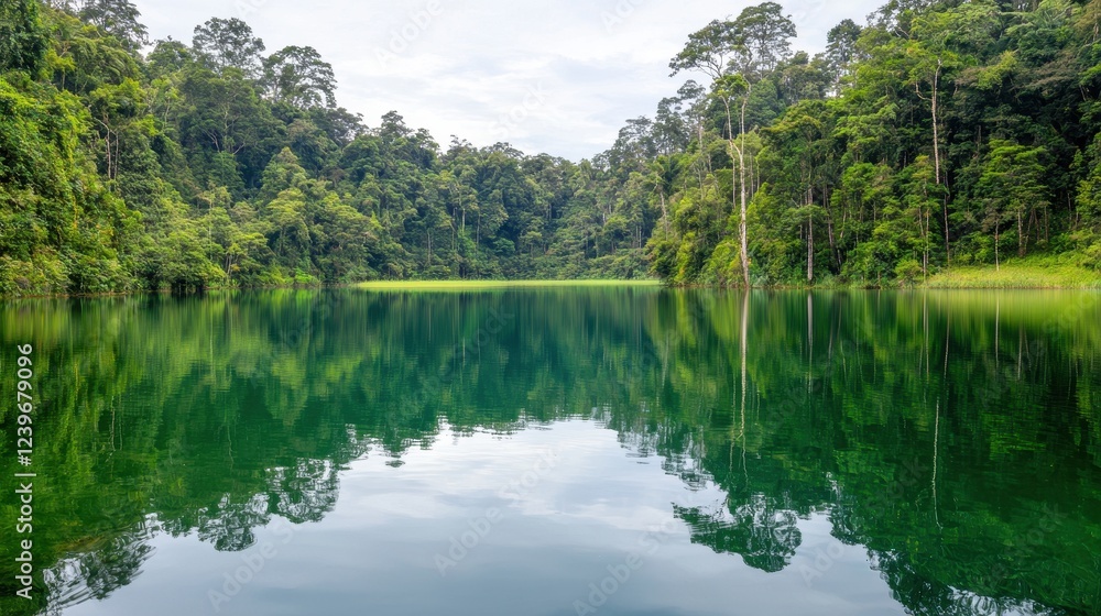 Serene Lake Surrounded by Lush Green Forest and Reflective Water Serene Lake Surrounded by Lush Green Forest and Reflective Water