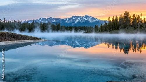 Wallpaper Mural Serene Mountain Landscape at Sunrise with Mist Over Calm Water Torontodigital.ca