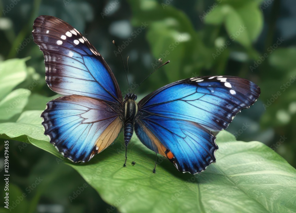 Naklejka premium Butterfly with blue watercolor wings perched on a leaf , Botanical, Insect, Floral
