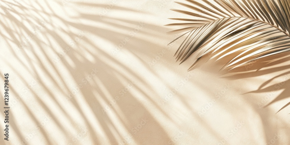 Obraz premium A beautifully sunlit beach scene, filled with delicate palm fronds gently casting soft shadows on a warm sandy surface, perfectly evokes the essence of summer vacations and exciting travel adventures