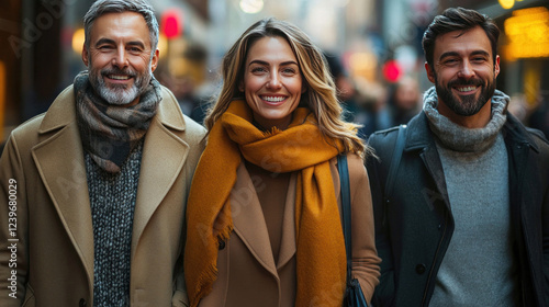 A group of coworkers walking to lunch together, passing through a lively urban street photo