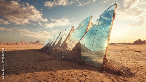 Greenhouse ruins in a sun-baked desert, with fragments of glass catching the light and the cracked earth spreading out in the vast, arid landscape.