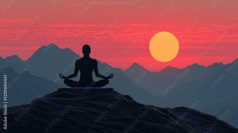 Serene Silhouette of Yogi Meditating Against Vibrant Sunset Background Serene Silhouette of Yogi Meditating Against Vibrant Sunset Background