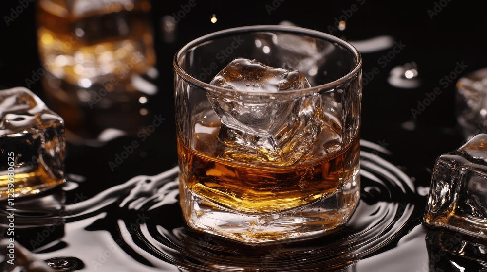 Ice cubes melting slowly on a glossy black surface, with whiskey and water creating ripples and dynamic patterns in the liquid, highlighting a sophisticated scene. Ice cubes melting slowly on a glossy black surface, with whiskey and water creating ripples and dynamic patterns in the liquid, highlighting a sophisticated scene.