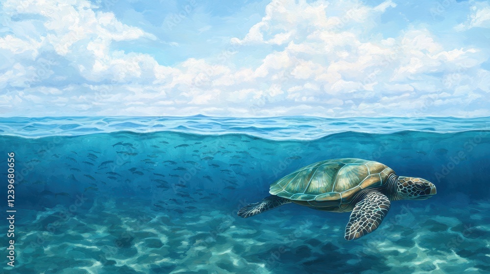 Obraz premium Sea Turtle Swims Through Clear Blue Ocean Under Bright Sky