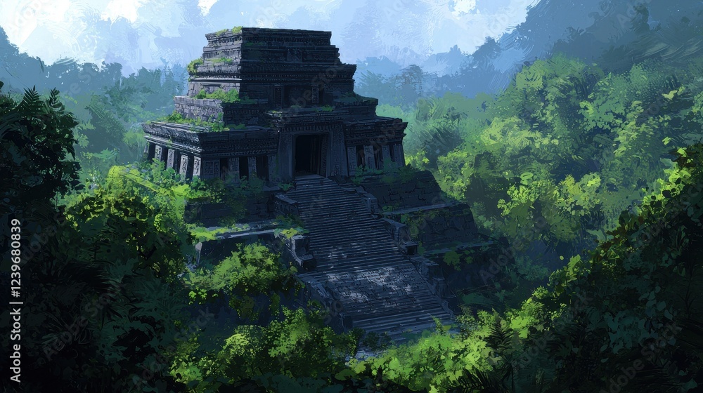 Ancient Temple Surrounded by Lush Green Jungle Landscape Ancient Temple Surrounded by Lush Green Jungle Landscape