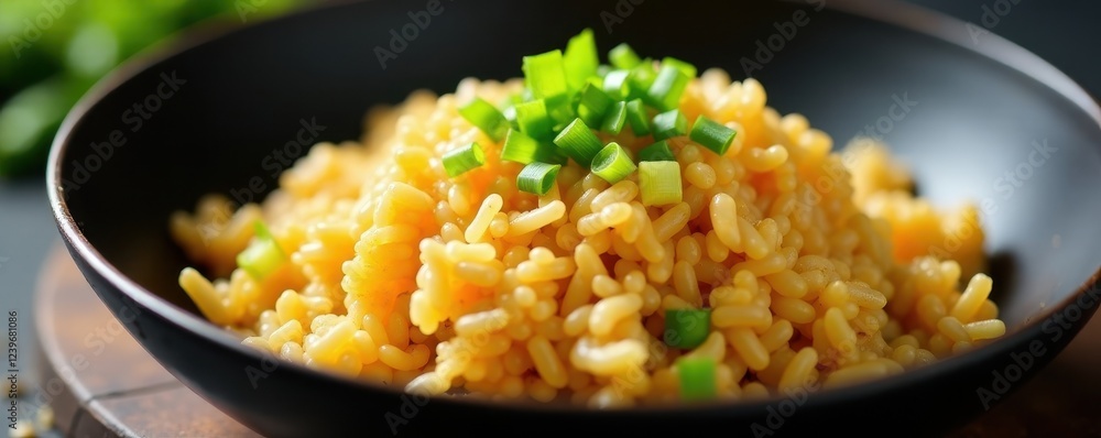 Close up of fried rice, spring onions, sesame seeds, wok, eat, golden, tasty Close up of fried rice, spring onions, sesame seeds, wok, eat, golden, tasty