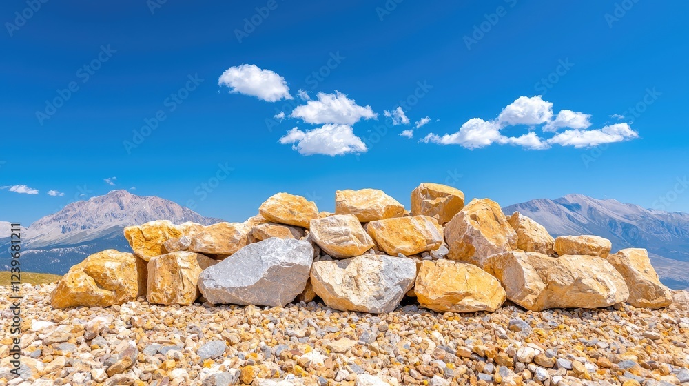 Mountain rockscape, sunny day, clear sky, pebble ground Mountain rockscape, sunny day, clear sky, pebble ground