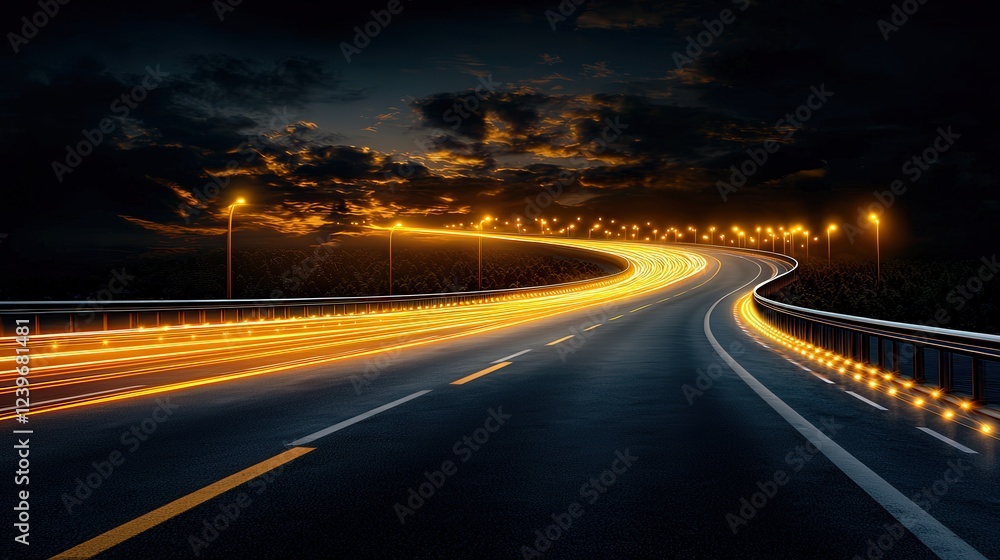 A Long Winding Road Illuminated by a Continuous Line of Bright Lights Creating a Captivating and Enigmatic Nighttime Scene in the Urban Landscape A Long Winding Road Illuminated by a Continuous Line of Bright Lights Creating a Captivating and Enigmatic Nighttime Scene in the Urban Landscape