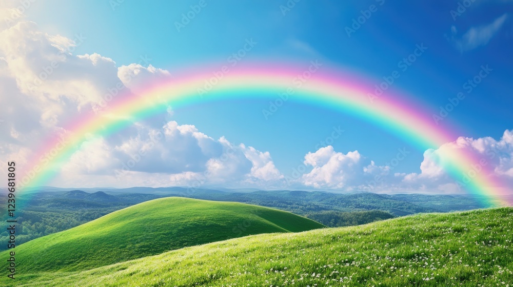 Lush rolling green hills beneath a vivid rainbow stretching across a clear blue sky, with fluffy white clouds adding to the picturesque landscape. Lush rolling green hills beneath a vivid rainbow stretching across a clear blue sky, with fluffy white clouds adding to the picturesque landscape.