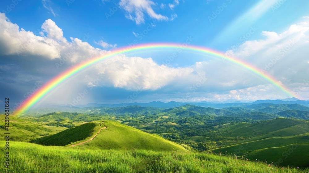 Fototapeta premium Lush rolling green hills beneath a vivid rainbow stretching across a clear blue sky, with fluffy white clouds adding to the picturesque landscape.