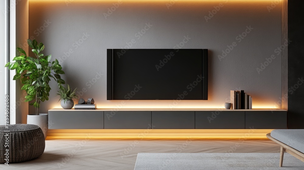 Modern and clean living room design with a two-tone wall, featuring a stylish TV cabinet, perfect for a minimalist home makeover. Modern and clean living room design with a two-tone wall, featuring a stylish TV cabinet, perfect for a minimalist home makeover.