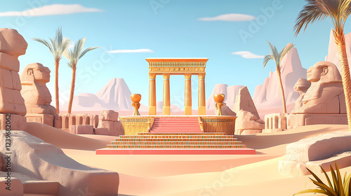 An ornate 3d podium with egyptian-inspired patterns and gold accents, set in a desert landscape with tall, ancient stone statues framing the scene. Ancient Ruins. Illustration photo