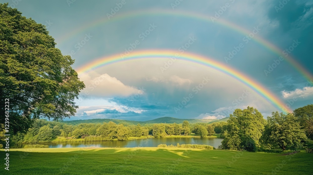Naklejka premium Nature beauty captured in a stunning rainbow arching over a green park, blending with the natural landscape for a mesmerizing view.