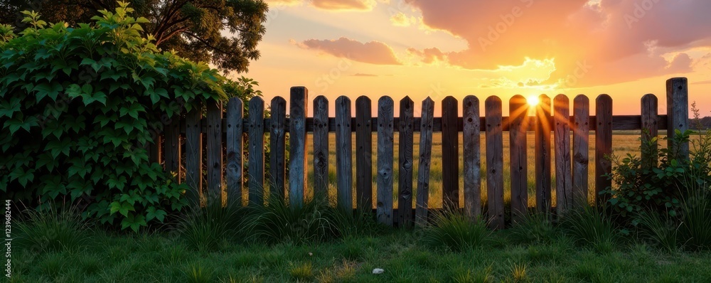 Obraz premium Rustic wooden fence, overgrown ivy, sunset sky, picture, scene