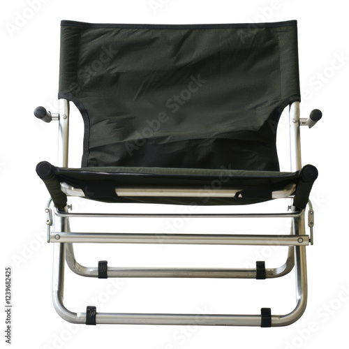 Portable folding chair with black fabric seat and aluminum frame, ideal for outdoor activities and camping. Lightweight and easy to transport, perfect for relaxation