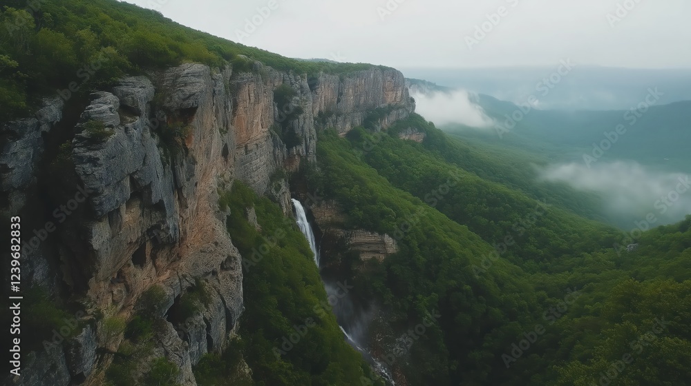 Fototapeta premium Misty Mountain Waterfall Landscape Lush Green Valley