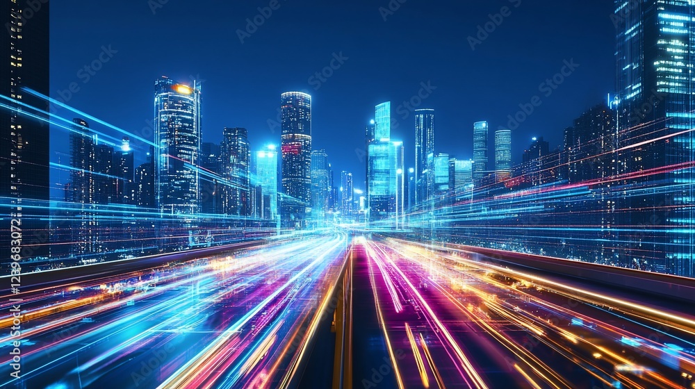 Futuristic Cityscape at Night with Light Trails and Modern Architecture Futuristic Cityscape at Night with Light Trails and Modern Architecture