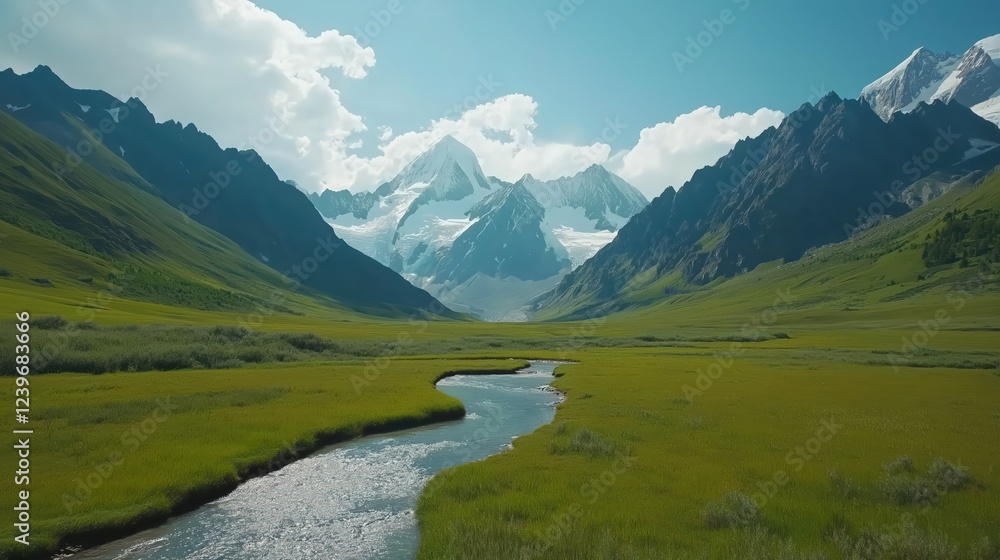 Serene Mountain Valley Stream Landscape on a Bright Sunny Day Serene Mountain Valley Stream Landscape on a Bright Sunny Day