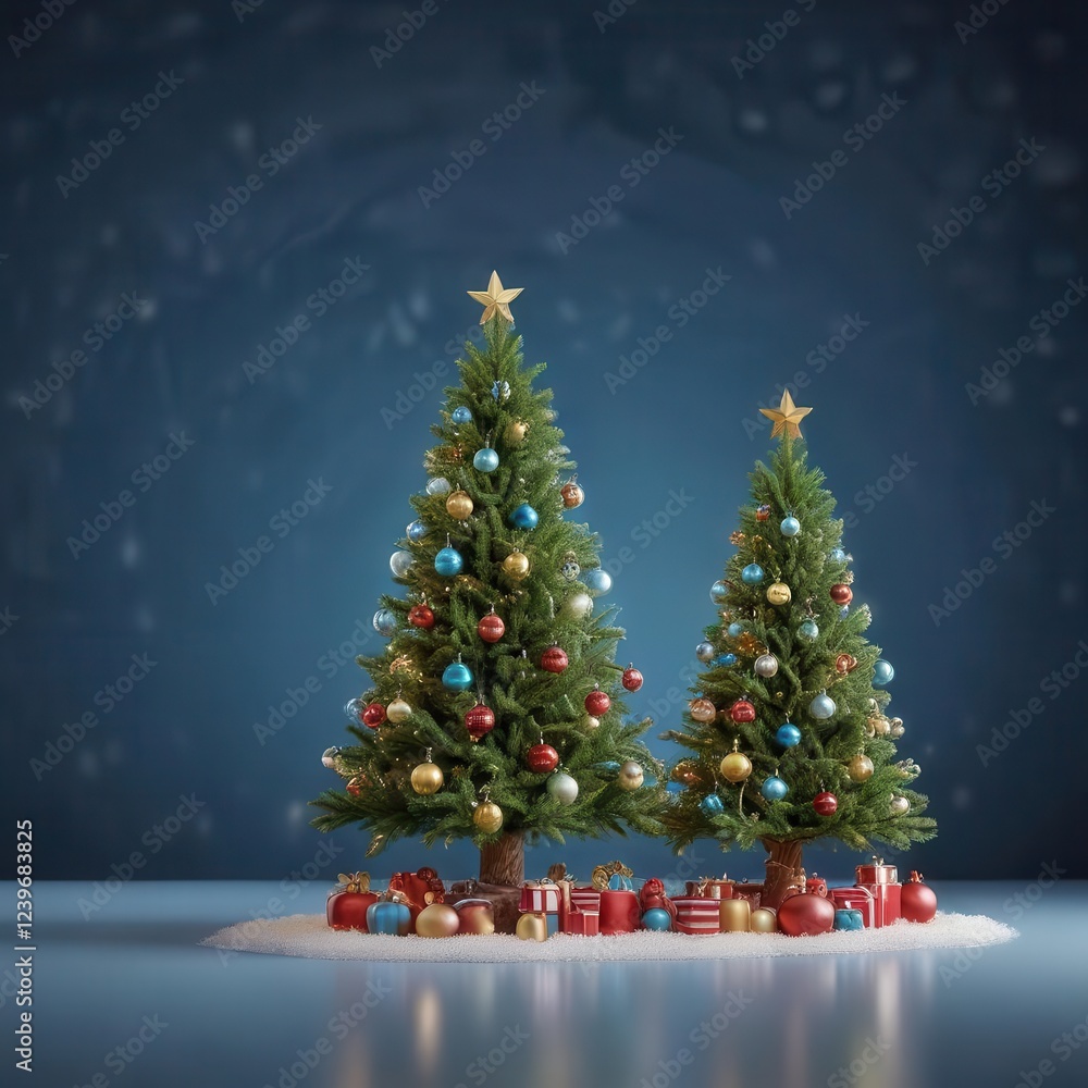 Obraz premium Christmas tree with ornaments and lights on blue background, holiday, holly, present