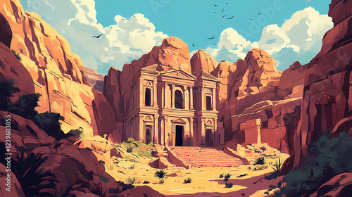 The petra monastery emerges from the rose-red cliffs, a testament to jordan's ancient heritage, architectural splendor, and the enigmatic beauty of the lost cit. Ancient Ruins. Illustration photo