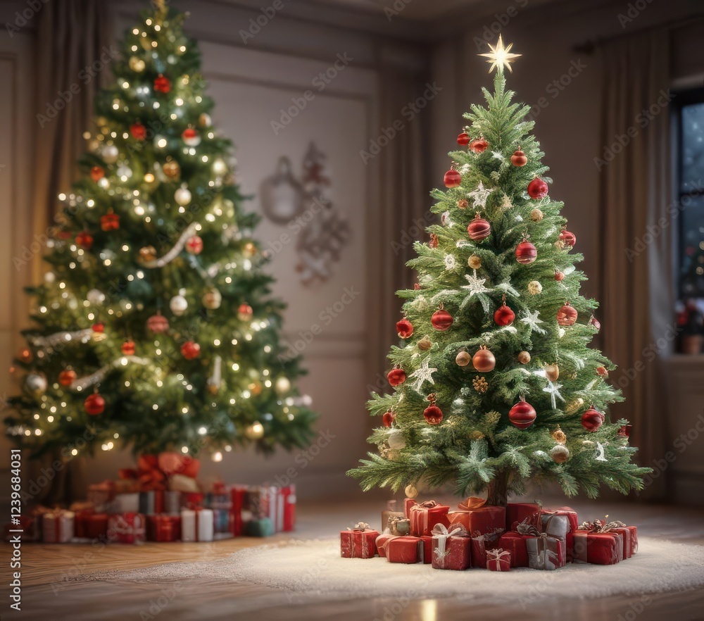 Christmas tree with snowflakes and festive ornaments, snowy winter scene, christmas decorations, festive atmosphere Christmas tree with snowflakes and festive ornaments, snowy winter scene, christmas decorations, festive atmosphere