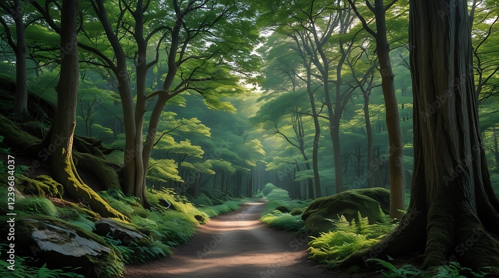 Naklejka premium Beautiful Forest Trail Surrounded by Green Trees and Ferns, Leading to a Tranquil Pathway in a Peaceful Outdoor Environment 