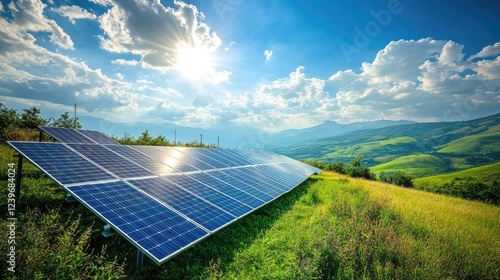 Wallpaper Mural Solar panels and antennas amid rolling green hills under a vibrant blue sky, symbolizing an efficient backhaul system in a scenic, eco-friendly setting. Torontodigital.ca