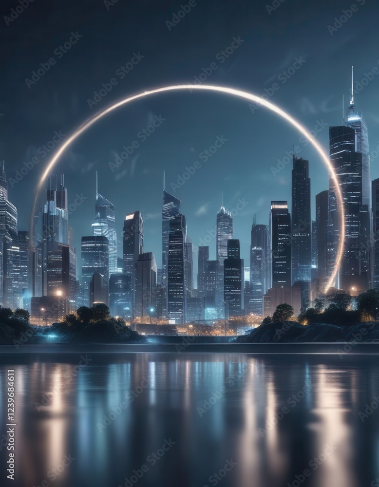 Obraz premium cityscape with abstract circular lights in soft focus on blue background, abstract, urban landscape, bokeh