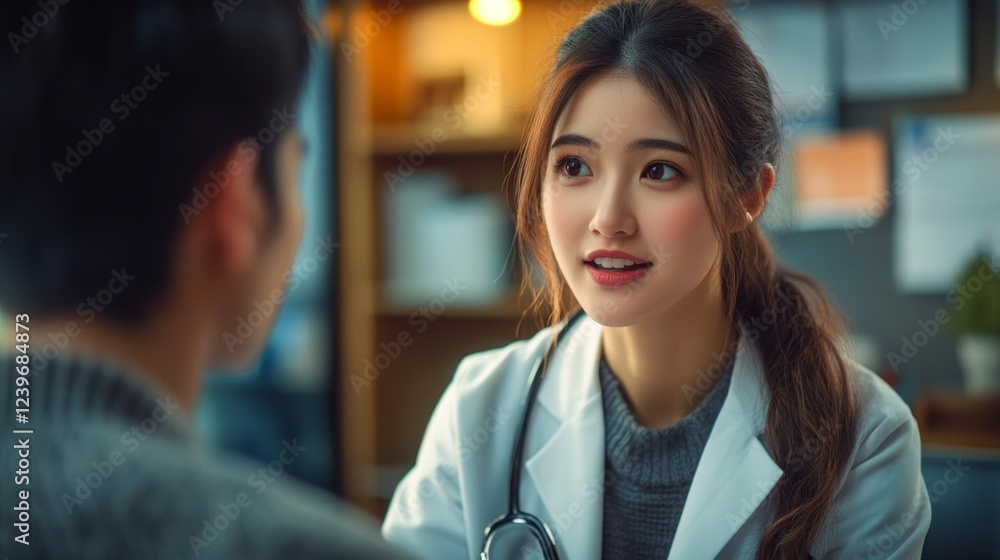 Fototapeta premium Compassionate Doctor in White Coat Engaged in Conversation with Patient in Medical Office Setting