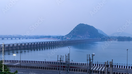 Bilde på lerret Aerial view of historic Prakasam barrage on the Krishna river at Vijayawada, Ind