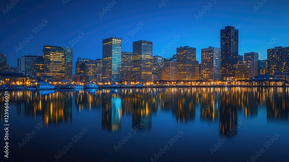 Naklejka premium The city skyline illuminates at blue hour, with reflections of its vibrant lights shimmering on the calm waters of a nearby harbor, creating a serene urban landscape.