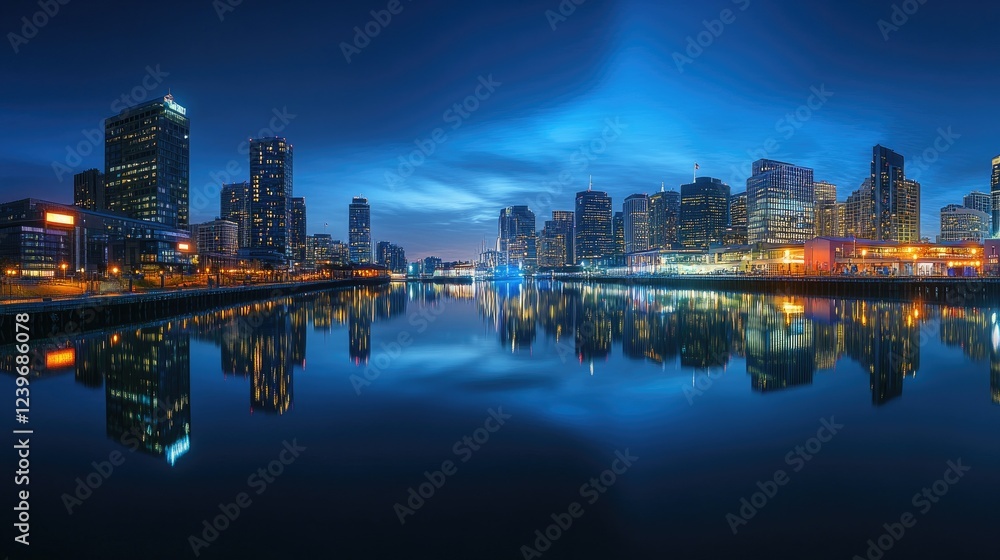 Fototapeta premium The city skyline illuminates at blue hour, with reflections of its vibrant lights shimmering on the calm waters of a nearby harbor, creating a serene urban landscape.