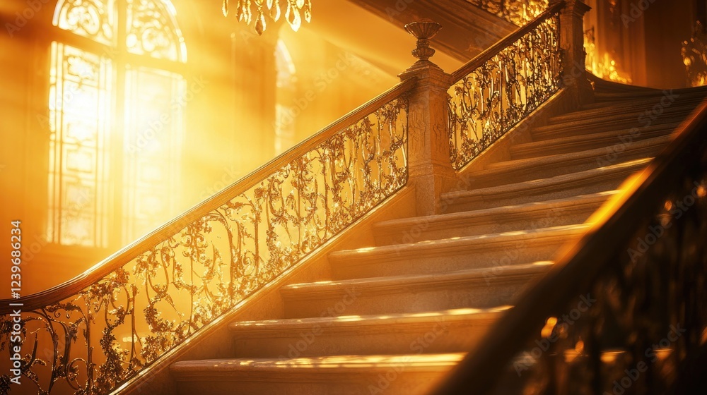 Obraz premium The golden glow of the setting sun illuminates an elegant staircase with ornate balustrades and gleaming railings, offering a stunning view.