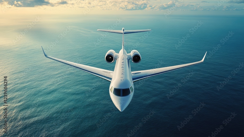 Fototapeta premium The graceful flight of a white private jet above the tranquil sea, offering an unparalleled view of the vast sky and ocean horizon.