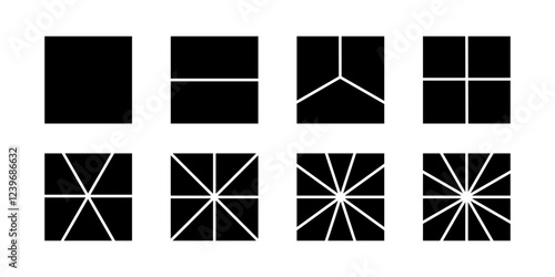 Square shapes divided into sectors from 2 to 12 isolated on white background. Rectangular figures cut in equal parts. Simple diagrams or business charts templates. Vector graphic illustration.