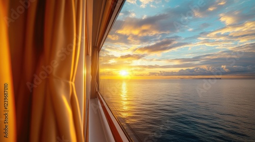 The view from a luxury cruise ship window reveals a tranquil sea and a vibrant sunset, with golden light casting a warm glow over the peaceful waters.