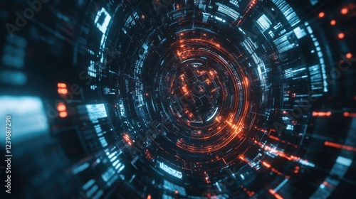 Abstract circular network tunnel of digital data with glowing blue and orange details