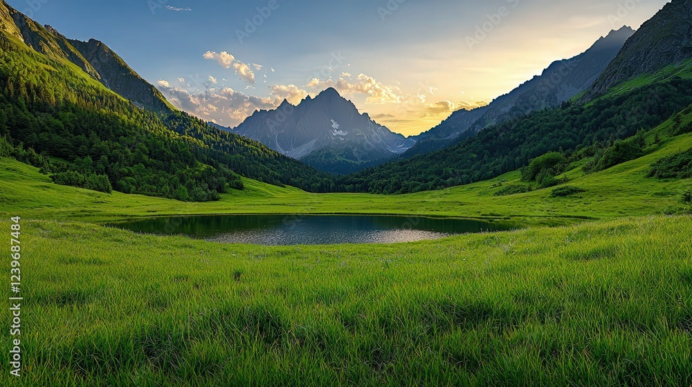 Fototapeta premium Serene Grassy Field Embracing a Tranquil Lake Surrounded by Lush Greenery Under a Clear Blue Sky Inviting Peaceful Outdoor Escapes and Reflection