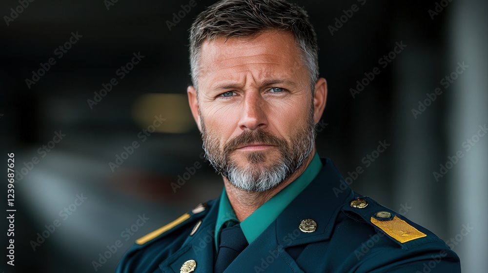 Confident Man in Uniform Standing Proudly Against Cityscape Background Embodying Strength Honor and Professionalism with a Determined Expression Confident Man in Uniform Standing Proudly Against Cityscape Background Embodying Strength Honor and Professionalism with a Determined Expression