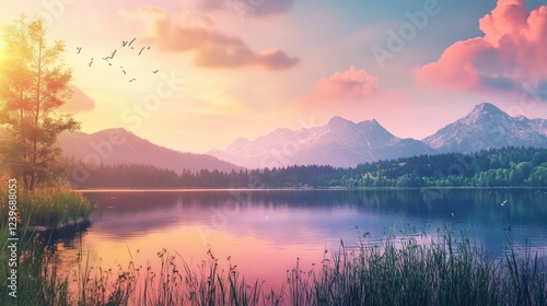 Wallpaper Mural Serene sunset over a tranquil lake surrounded by majestic mountains and lush greenery in a peaceful natural setting. Generative AI Torontodigital.ca