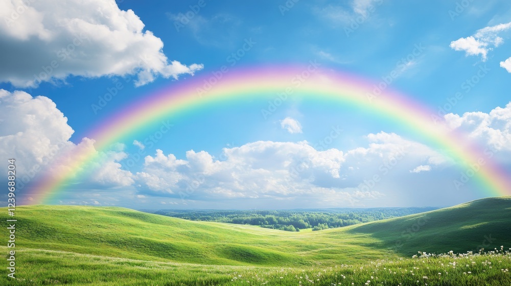 Vibrant rainbow arcing over rolling green hills, creating a stunning contrast against a brilliant blue sky with soft white clouds. Vibrant rainbow arcing over rolling green hills, creating a stunning contrast against a brilliant blue sky with soft white clouds.