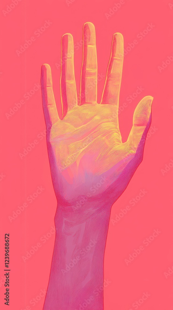 Vibrant Line Art Illustration of a Raised Hand Set Against a Warm Red Background in a Modern Digital Artistic Style Reflecting Abstract Concepts Vibrant Line Art Illustration of a Raised Hand Set Against a Warm Red Background in a Modern Digital Artistic Style Reflecting Abstract Concepts