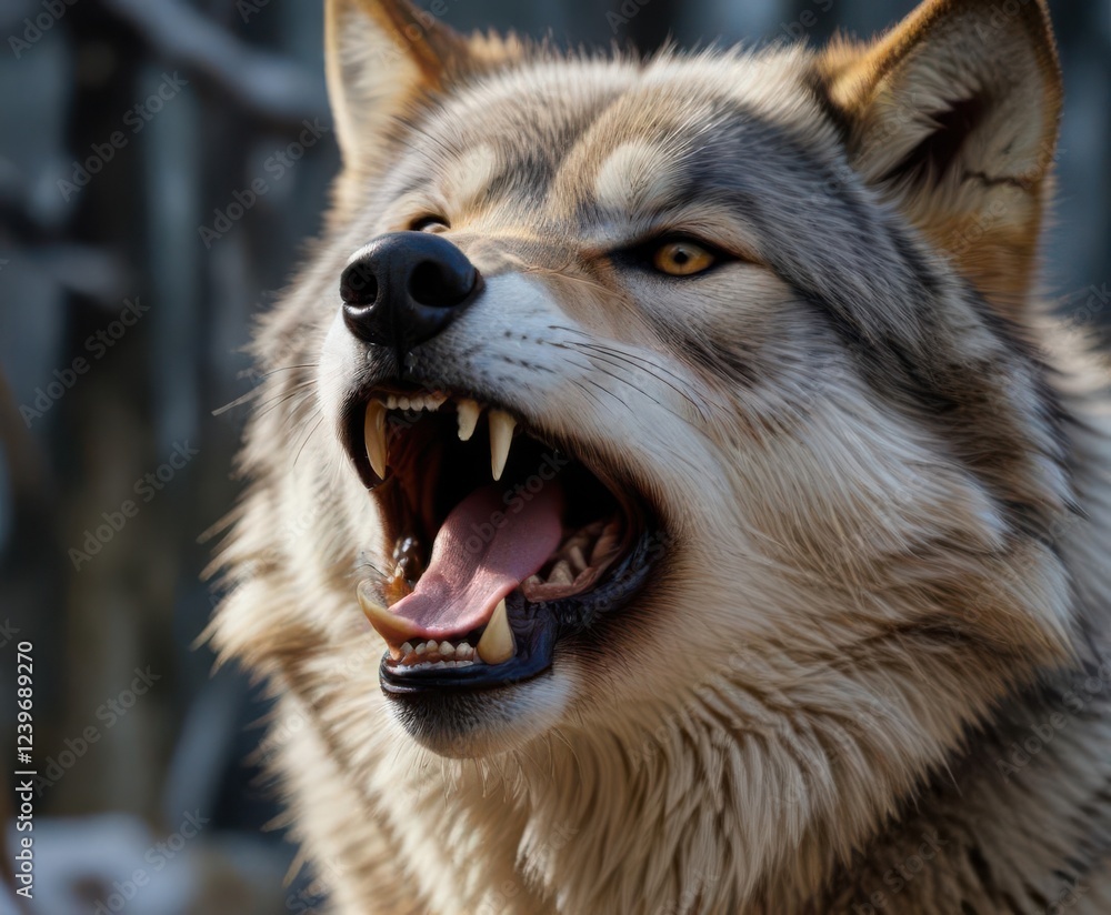 Obraz premium Close-up portrait of a gray wolf's face with its mouth open in a loud howl, close-up, forest, wild animal