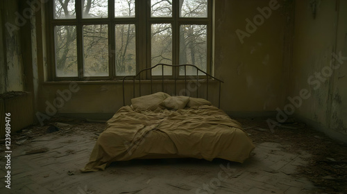 An unmade bed sits in a dec...