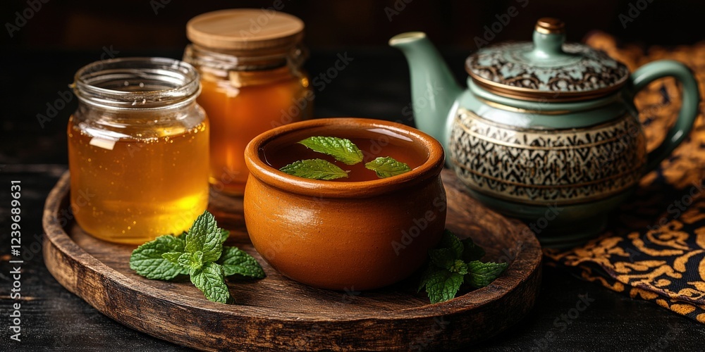 Traditional Herbal Tea with Fresh Mint, Honey Jars, and Ceramic Teapot on Rustic Wooden Tray - Perfect for Relaxation, Wellness, and Natural Health Benefits